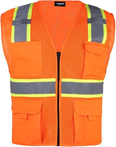 FONIRRA Chaleco de seguridad reflectante de alta visibilidad para hombre, chaleco de trabajo de construcción ANSI Clase 2 con bolsillos y cremallera