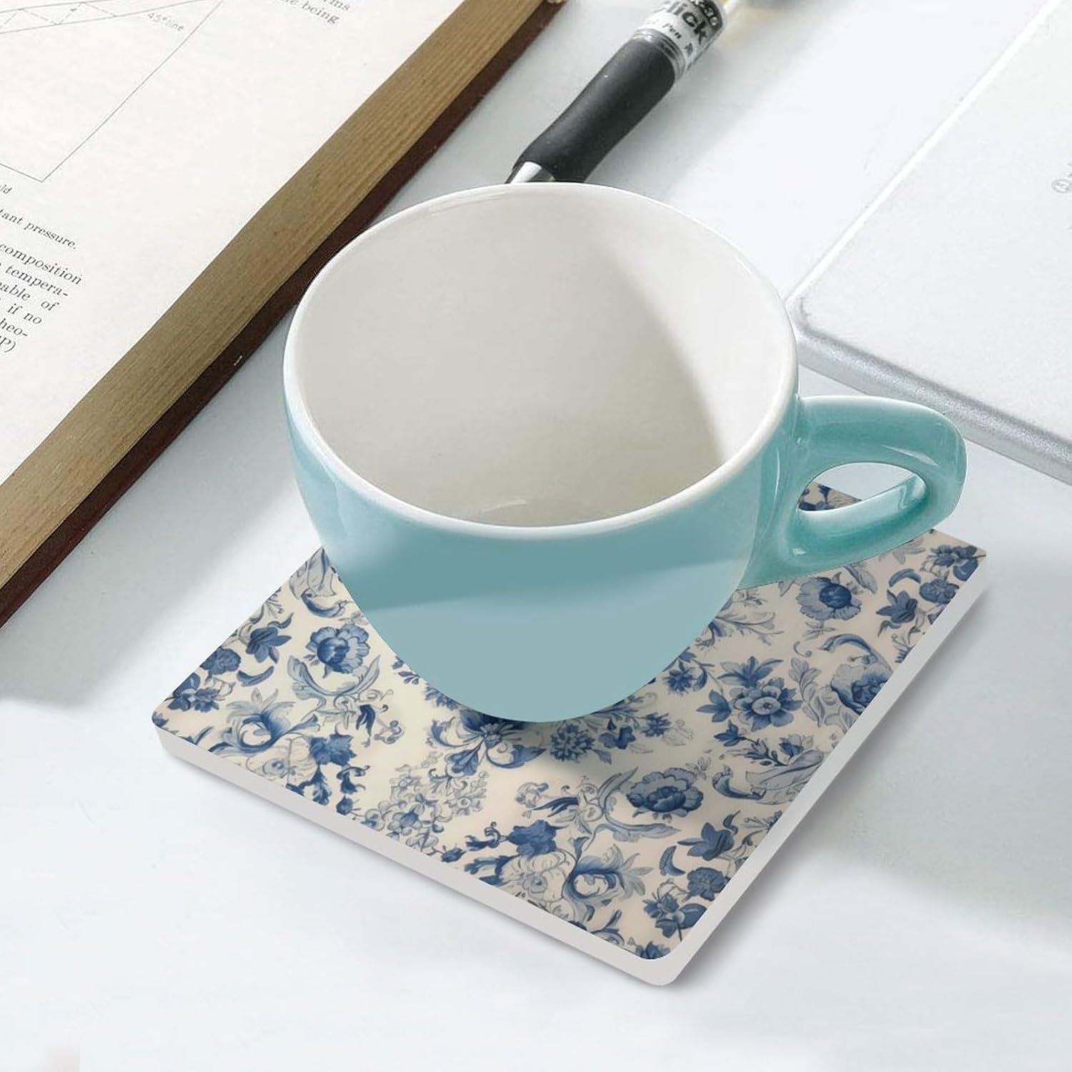 Blue and White Floral Square Absorbent Coaster Set of 6,Ceramic Cups Place Mats with Base for Home Table Coasters Cup Mat for Drinks, Bar, Kitchen Decoration