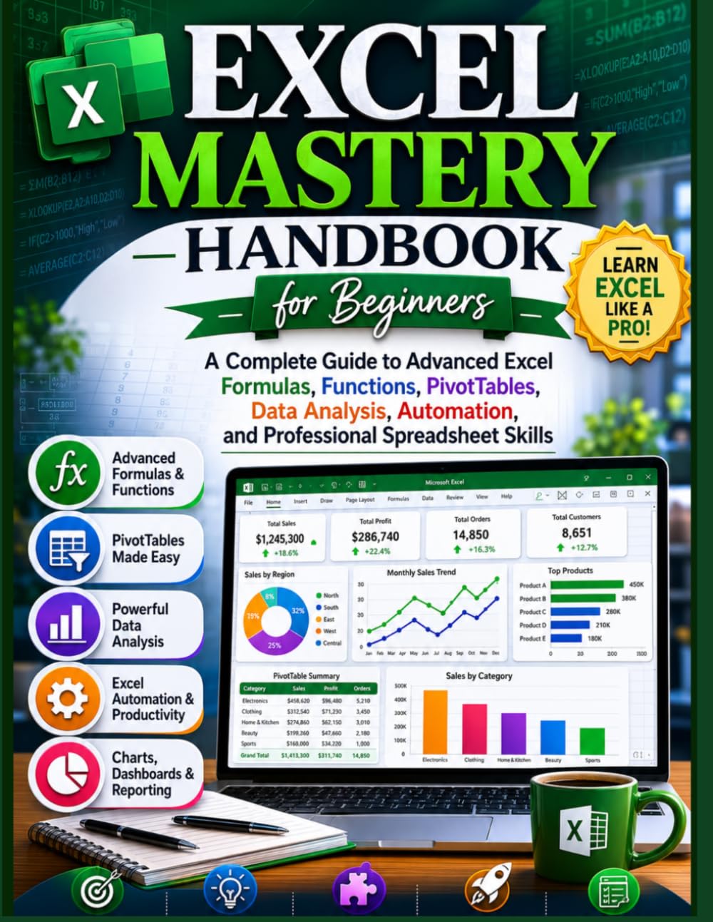 Excel Mastery Handbook for Beginners: A Complete Guide to Advanced Excel Formulas, Functions, PivotTables, Data Analysis, Automation, and Professional Spreadsheet Skills