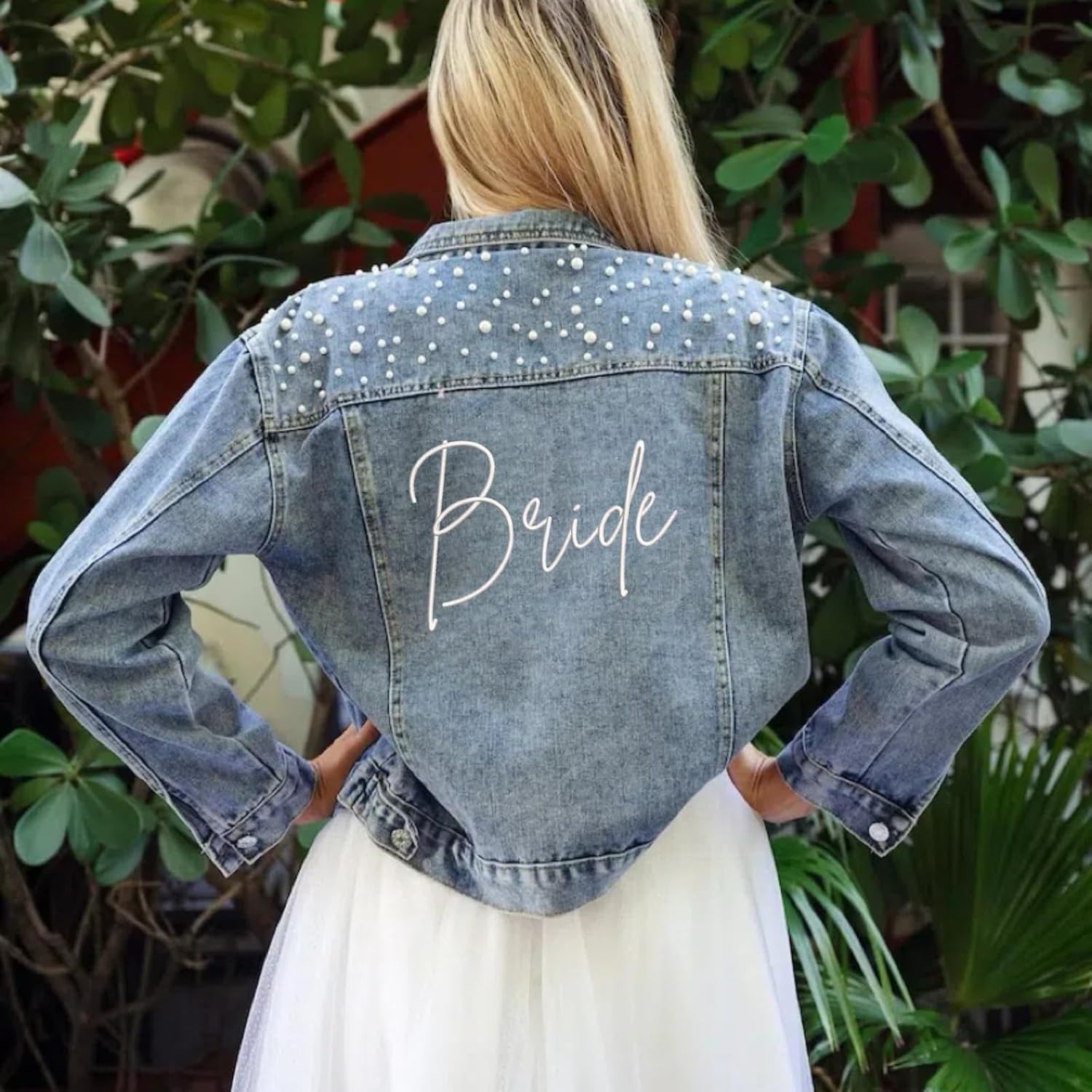 Embroidered Bridal Pearl Denim Jacket, Large Embroidery - Bride, Bachelorette Party Jacket, Wedding Gift - Image 7