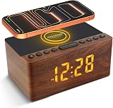 ANJANK Digital Wooden Radio Alarm Clock with Wireless Charging Station, 10 W Fast Wireless Charger for iPhone/Samsung Galaxy, LED Display with 5-Level Dimmer, USB Charging Port, Watch Radio without - 1