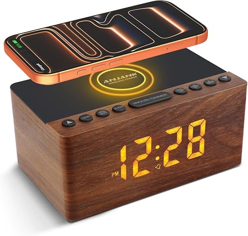 Radio Réveil Numérique en Bois avec Radio FM,Station de Charge sans fil Rapide Pour iPhone/Samsung Galaxy,Alarm Clock et Affichage LED,Variateur à 5 Niveaux,Port USB,Minuterie de Sommeil, Marron - 1