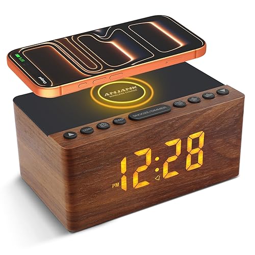 Radio Réveil Numérique en Bois avec Radio FM,Station de Charge