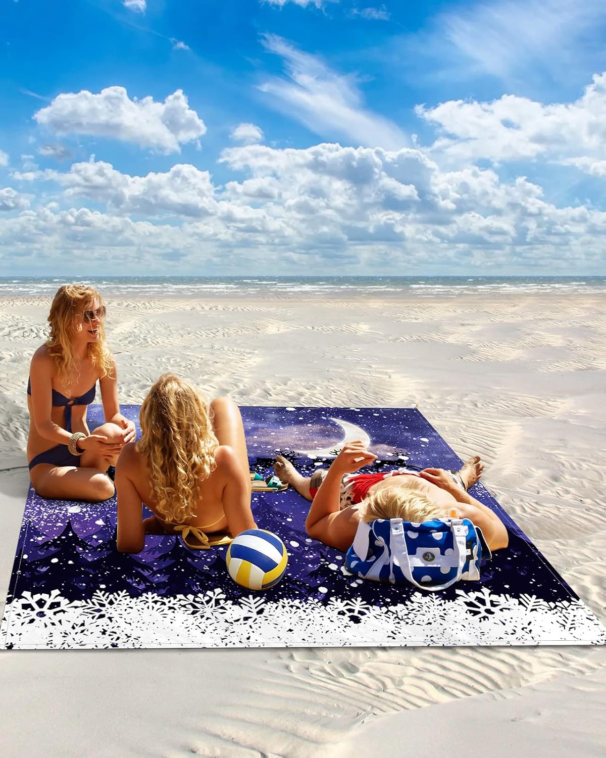 Beach Blanket, Christmas Elk with Santa Claus Xmas Tree in Winter Night Purple Beach Mat 95"x80" Large Picnic Blanket,Sandproof Waterproof Outdoor Beach Blankets for Travel Camping Hiking