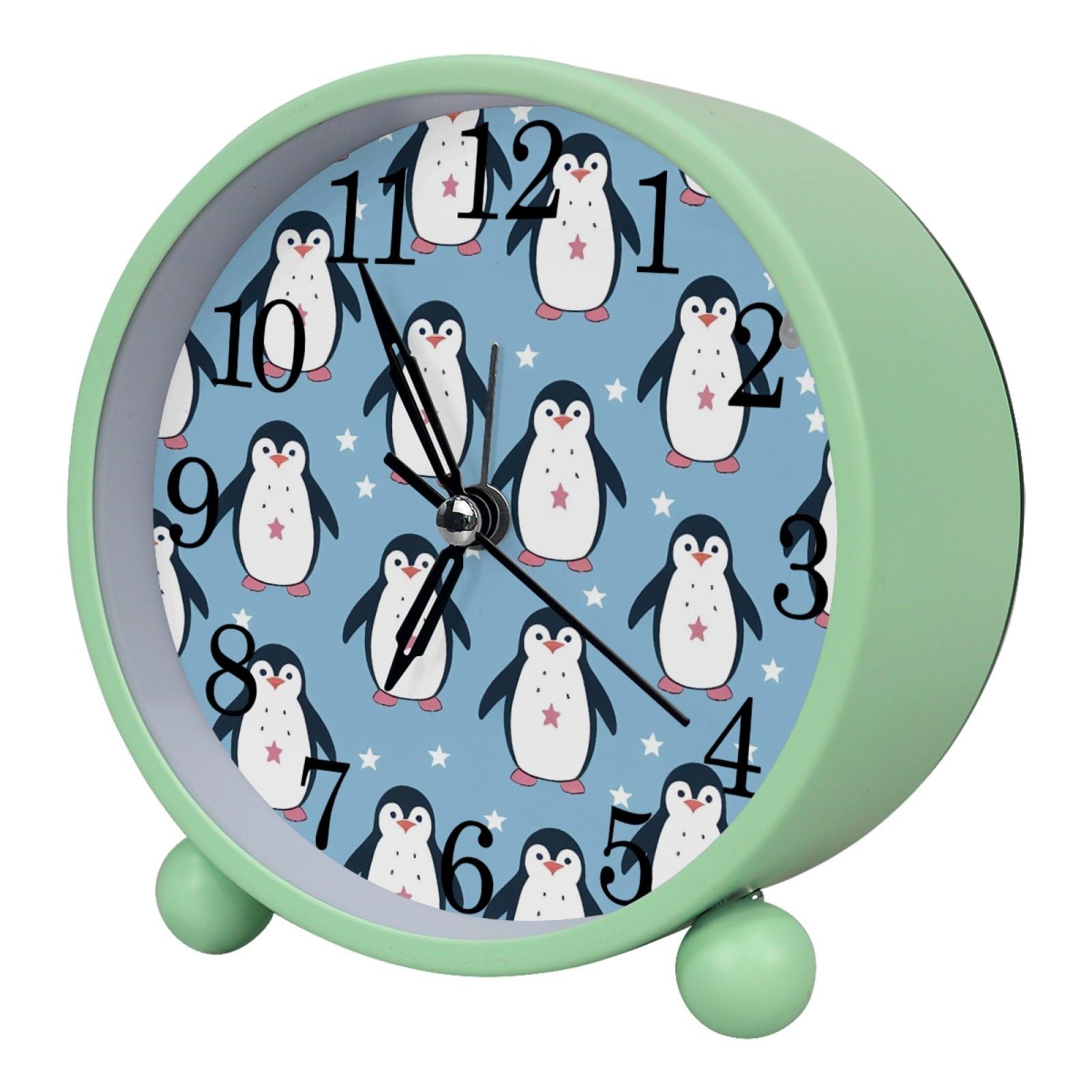etoenbrc Cartoon Penguins Round Battery Operated Bedside Alarm Clock Non-Ticking Desktop Silent Analog Alarm Clock with Light