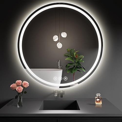 Miniatura 15 de Espejo de baño LED de 40 pulgadas redondo con luces, espejo LED circular, espejo iluminado para montar en la pared con 3 colores de brillo, 3