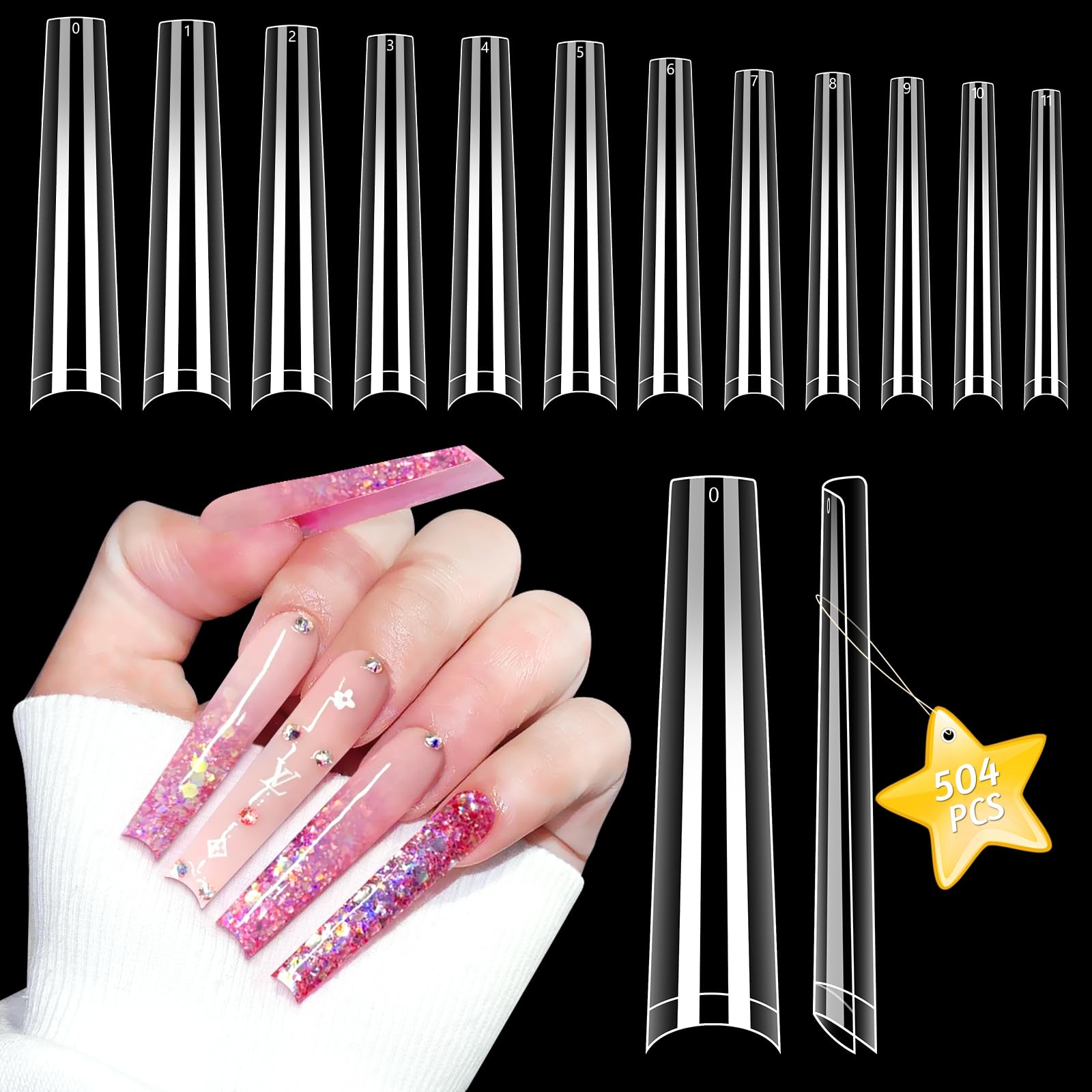 3XL NO C Curve Coffin Nail Tips for Acrylic Nails Professional, 504PCS Clear Extra Long Tapered Square Nail Tip, 12 Sizes Straight Press On Gel Nail