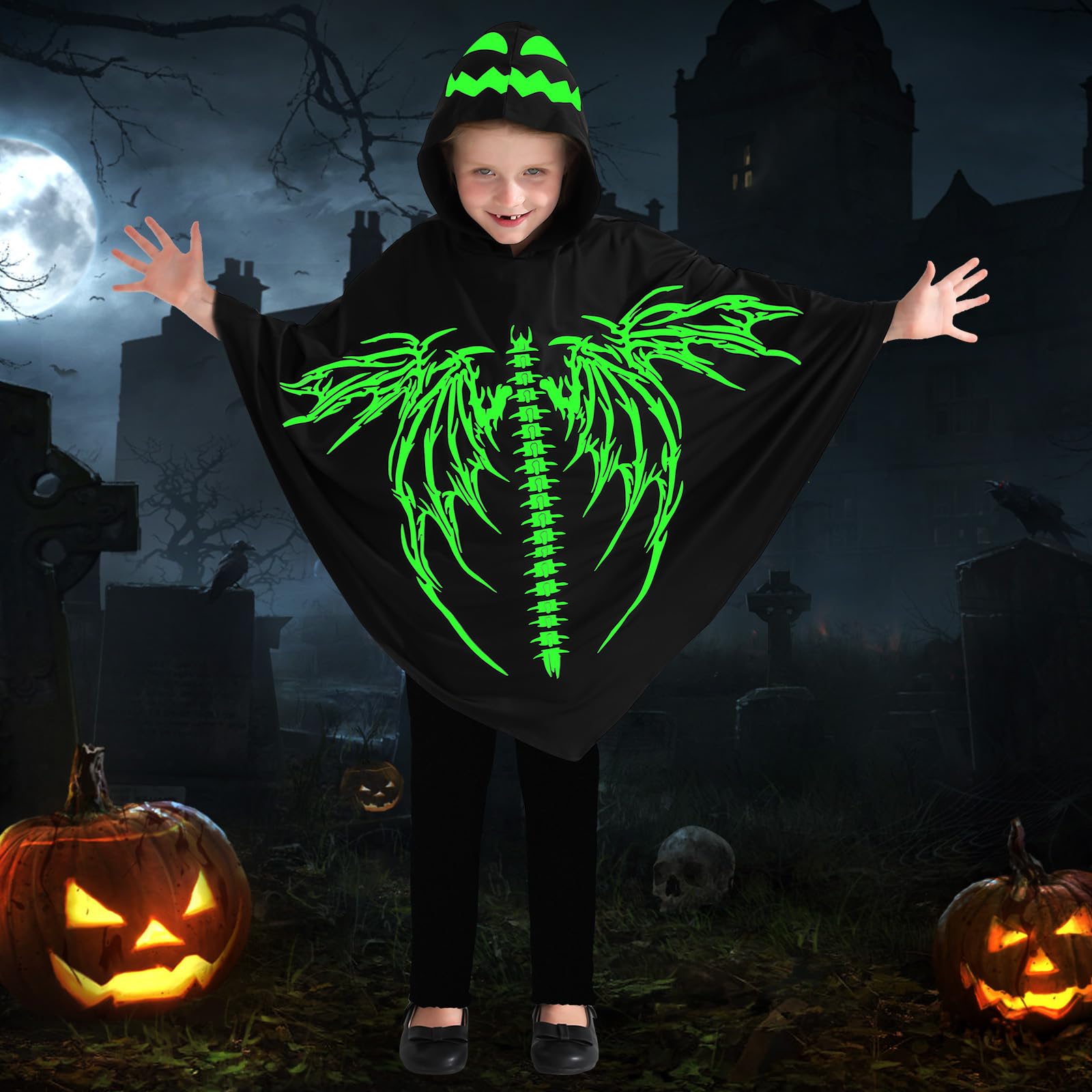 ESHOO Kids Halloween Skeleton Cloak Toddlers Glow in Dark Hooded Cloak Halloween Wings Poncho Cape Cosplay Role Play - Image 2