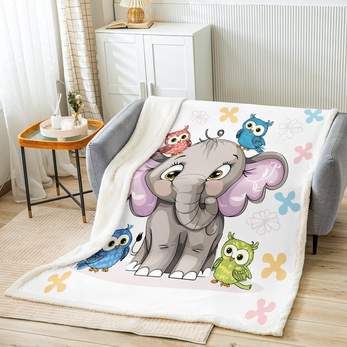 Kawaii Elephant Blanket Queen 90x90 Colorful Cartoon Owl Blanket for Boys Girls Hand Drawn Flower Sherpa Blanket Cute Wild Animal Bed Blanket Sofa Bed Couch Decor