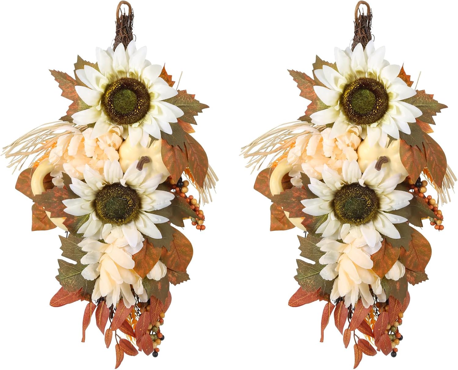 2pcs fall teardrop swag 17.7” autumn wall hanging wreaths artificial pumpkin maple swags for front door thanksgiving harvest festivals halloween decorations (champagne)