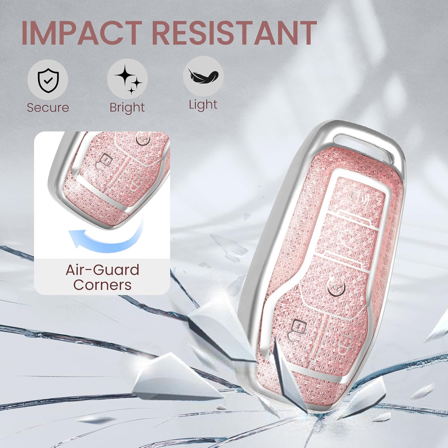 for Ford Key Fob Cover with Fashionable Zirconia Wristlet KeyChain, Enchanting Diamond Patterns Soft Case for Fusion Mustang F150-350 Edge Explorer Lincoln etc. (5 Button) Shell (Pink, A) - Image 4