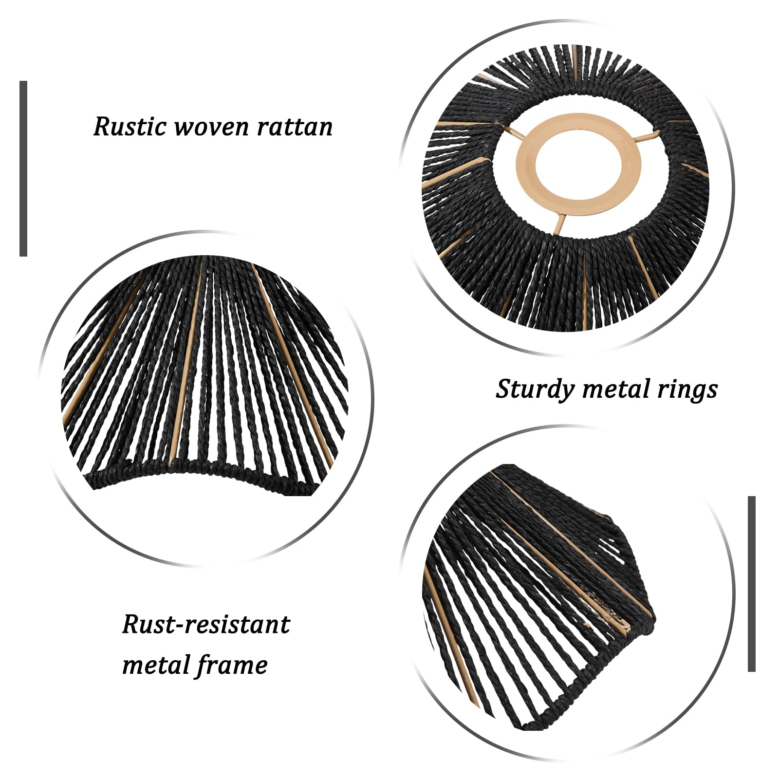 3 paralumi in rattan a forma di conchiglia, in carta intrecciata e ferro, stile bohémien, per soggiorno, camera da letto, cucina, sala da pranzo, 29,5 x 29,5 x 9,35 cm, nero