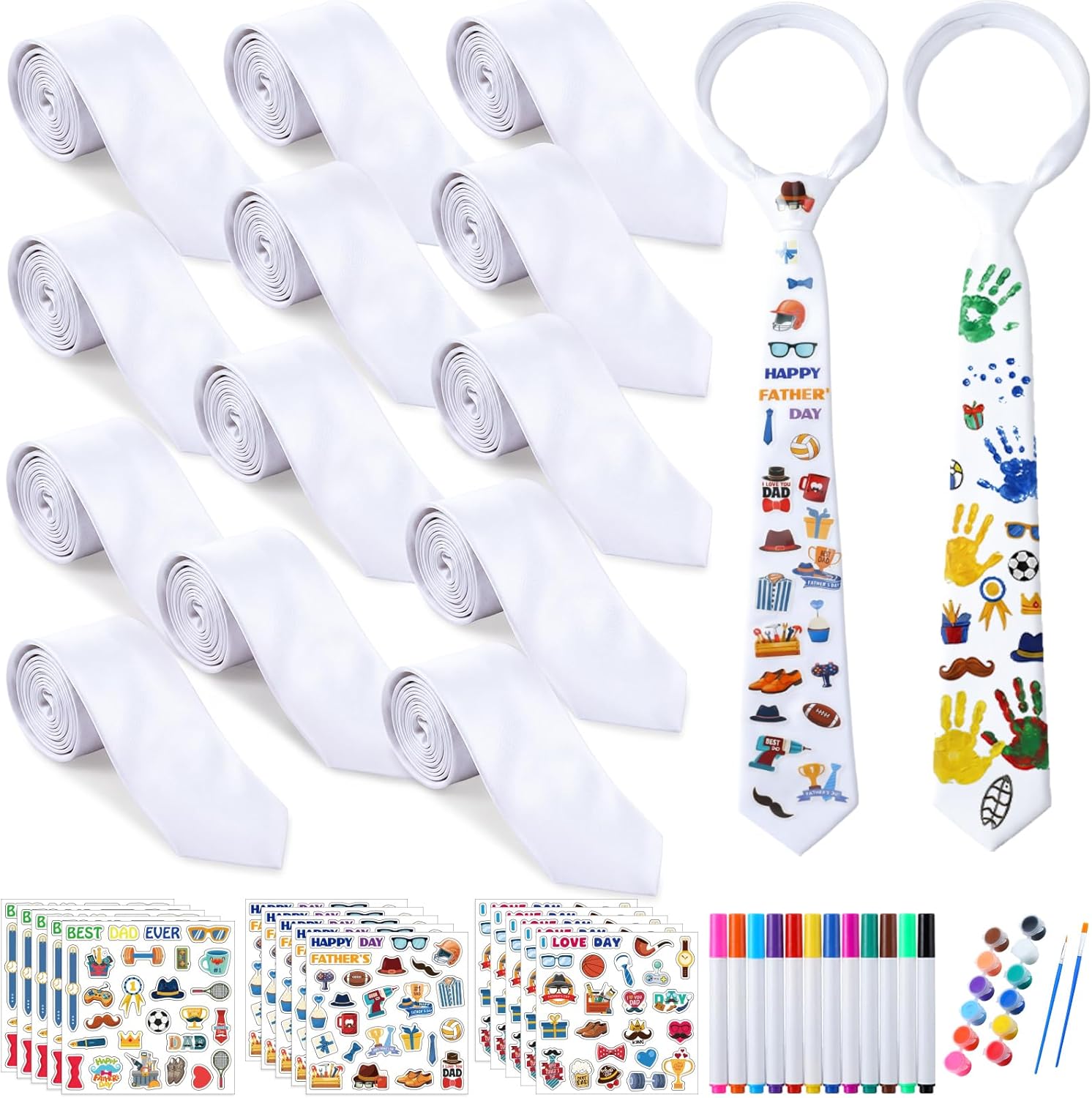 Skicuff 16 Set Fathers Day Craft Kits - Design Your Own Tie with White Blank Zipper Ties, Fabric Markers, Paint Sticks & Stickers, School & Party Gift Making Creative Art Activity for Kids