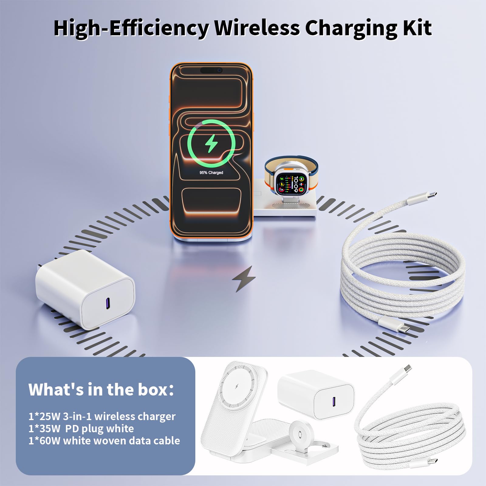 [Certificato Apple MFi] Caricatore magnetico 3 in 1 stazione di ricarica, 25 W, caricabatterie pieghevole senza fili Mag-Safe da 1,8 m Cavo USB-C Stazione di ricarica wireless per iPhone compatibile