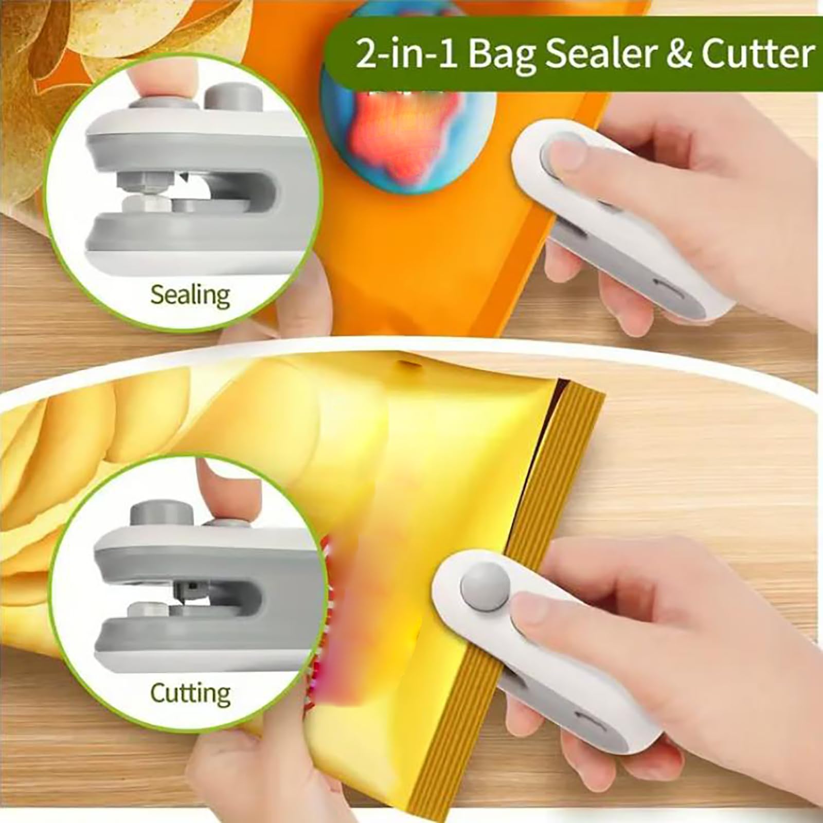 Mini sellador de bolsas con cortador e imán, mini sellador de bolsas recargable, máquina de sellado térmico de plástico portátil a presión manual para aperitivos, patatas fritas, almacenamiento de
