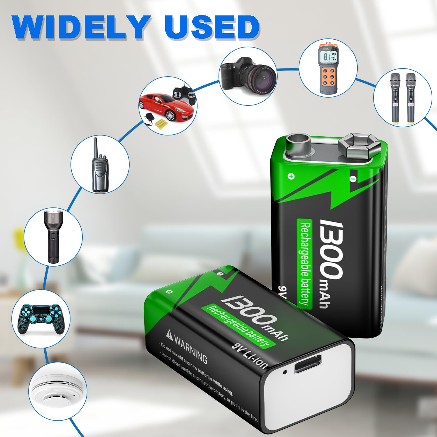 Batería recargable de 9 V, 1300 mAh de iones de litio con cable de carga rápida USB-C, ideal para detectores de humo, alarmas, micrófono, multímetro, etc. (6 unidades)