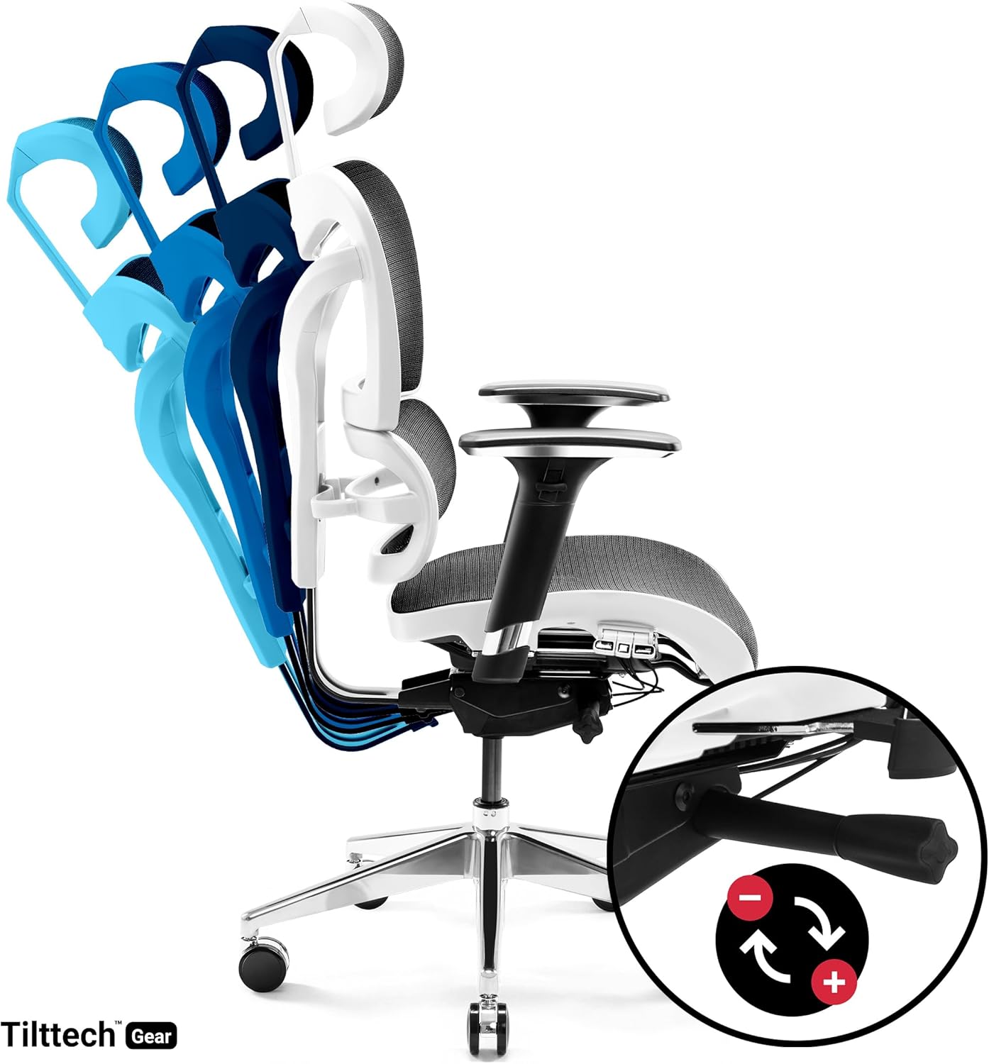 Close-up of the tilt mechanism lever and tension knob under the seat of the Diablo V-Commander chair.