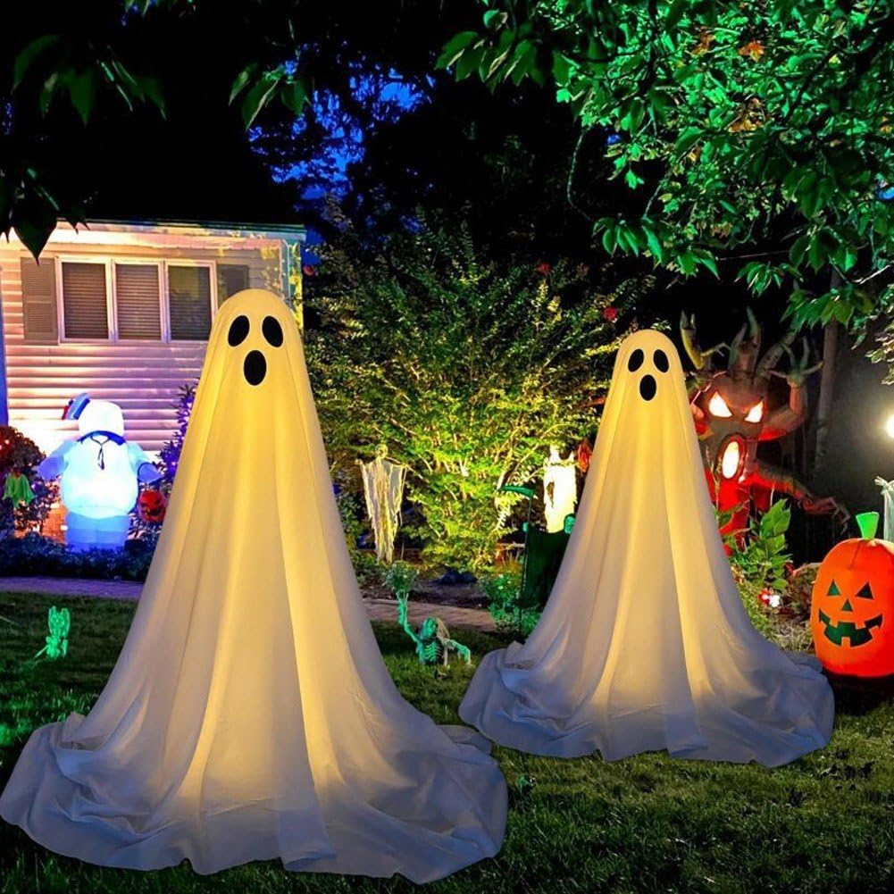Świecący duch na Halloween, upiorny duch, dekoracja na Halloween ze sznurkami na baterie, dekoracje duchów na podwórko przed ganek, trawnik, 2 szt