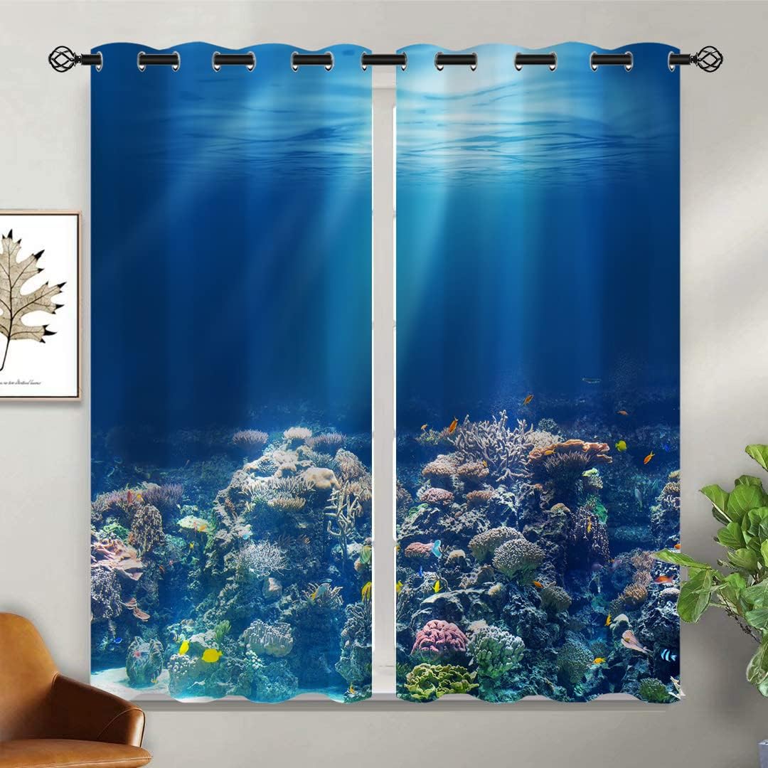 Ocean Blackout Curtains for Girls Boy Home Decor, Clear Undersea Sea Coral Tropical Fishes Grommet Thermal Insulated Drapes Darkening Window Curtain for Bedroom Living Room, 42 x 45 Inch