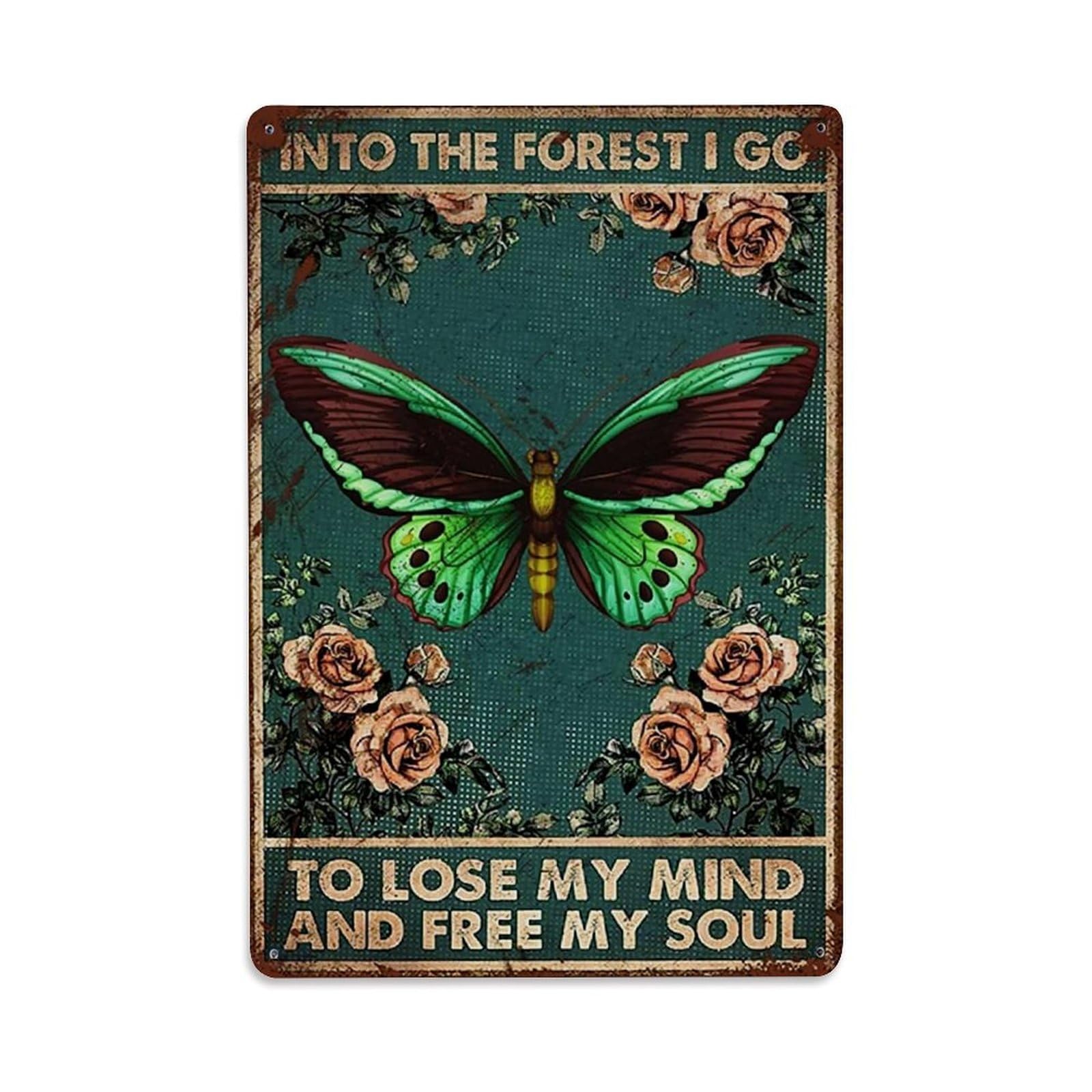 Butterfly Roses Forest Vintage Art Retro Metal Tin Sign, Vintage Decor Art Poster for Bar, Home, Man Cave, Kitchen, Laundry Room Gift 8x12Inch
