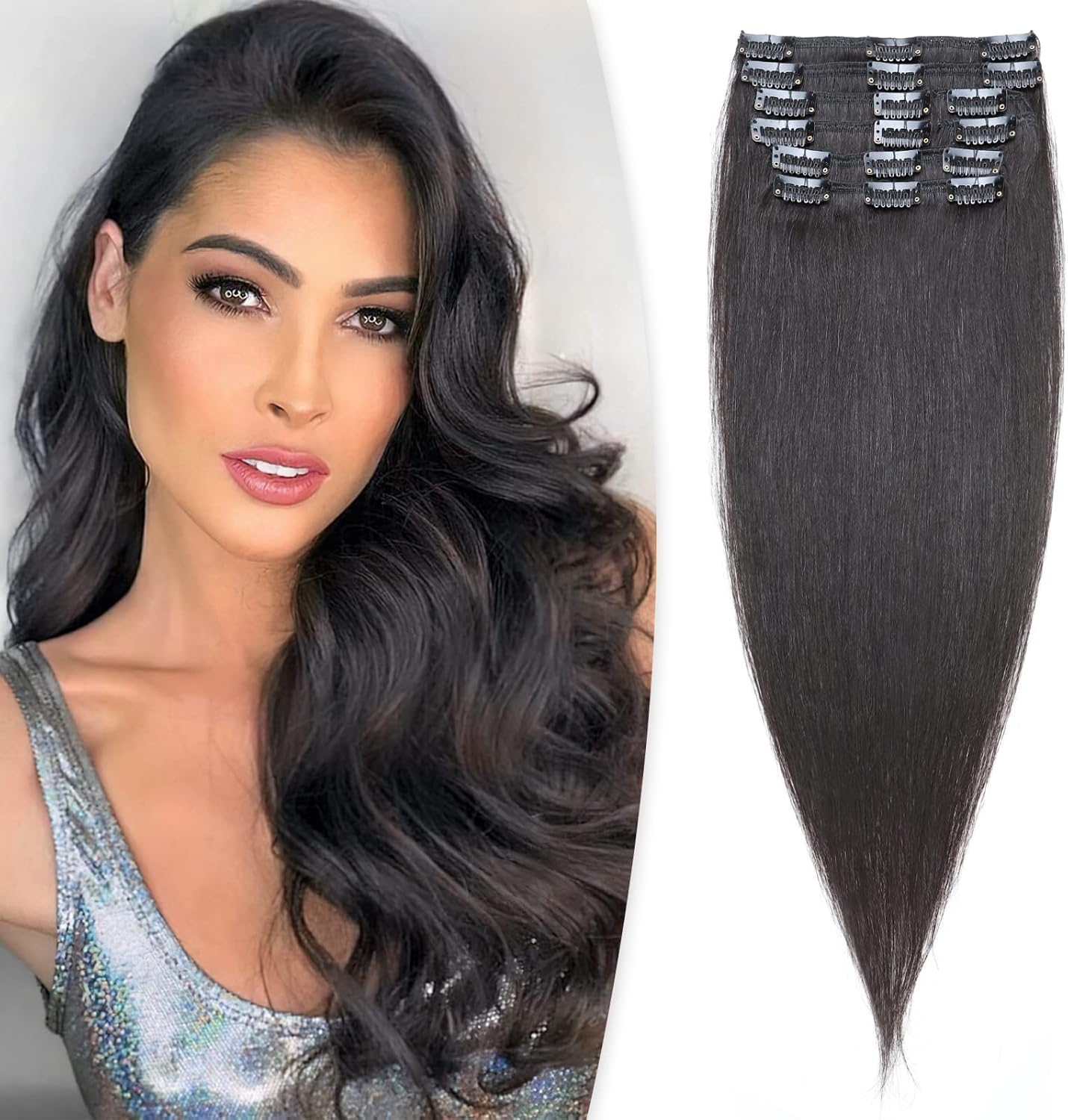 Benehair Human Hair Extensions Clip in 12Inches 1B Off Black Clip in Hair Extensions Real Human