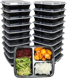 Green Direct Pack of 20 (32 oz) - Disposable Meal Prep and Take out 3 Compartment black food containers with lids, Plastic Bento Lunch Box To Go