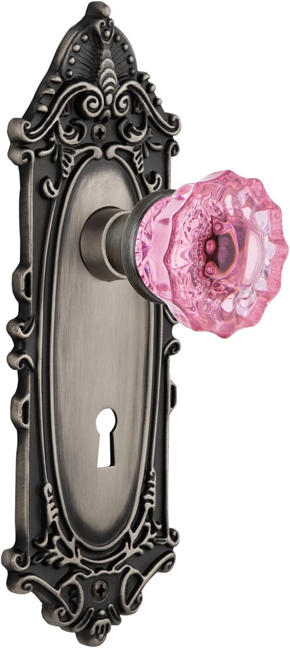 Nostalgic Warehouse 723051 Victorian Plate with Keyhole Single Dummy Crystal Pink Glass Door Knob in Oil-Rubbed Bronze