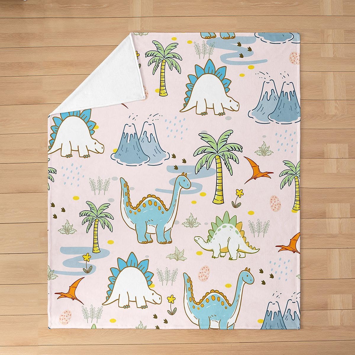 Erosebridal Kids Dino Flannel Blanket Baby 30x40 Watercolor Cloud Jungle Trees Fleece Blanket for Sofa Couch Cute Dinosaurs Animal Fuzzy Plush Throw Pink Pattern