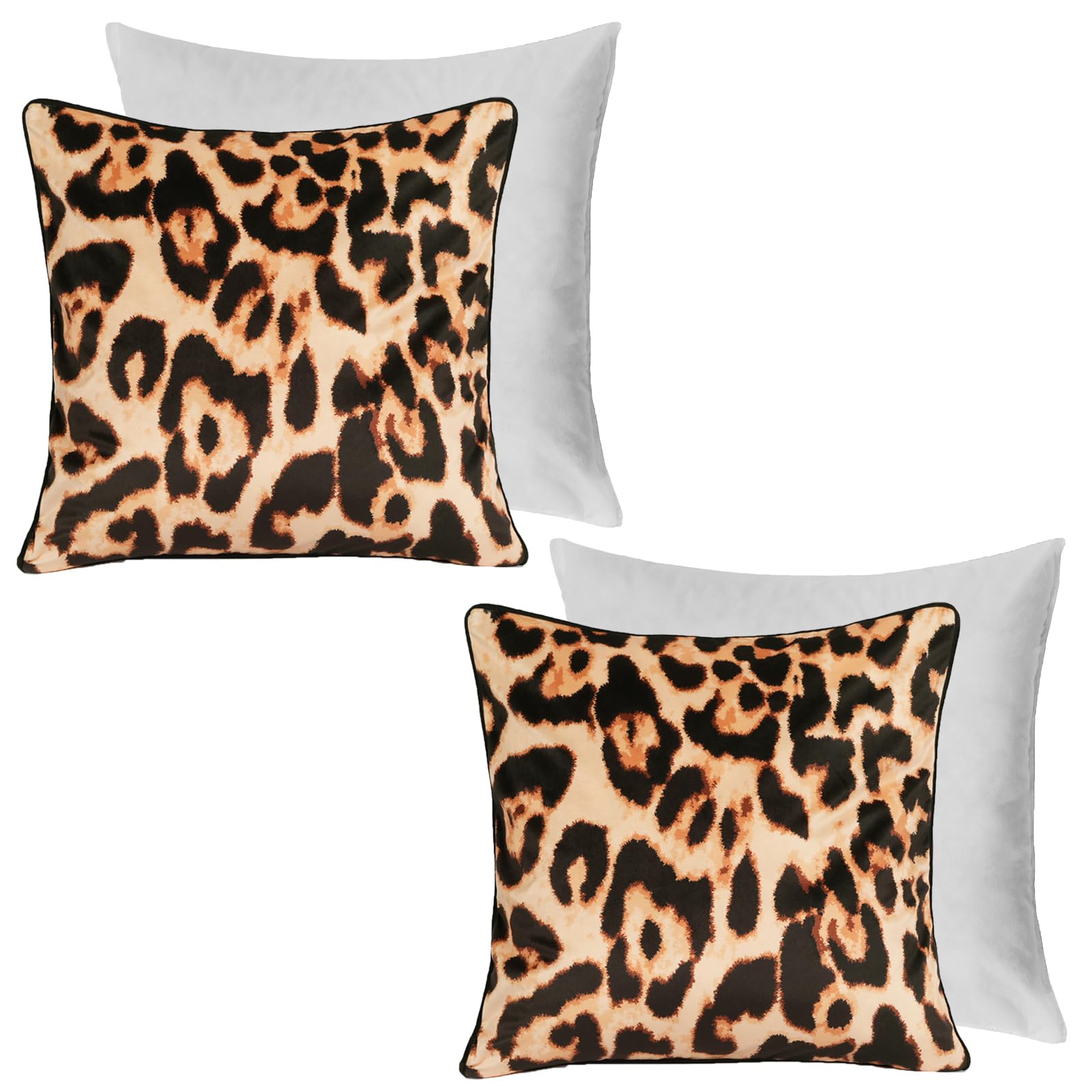 Ohs Natural Brown Brown Filled Cushion Covers Leopard Print Matte Velvet Pillowcases 2 Pack, Soft Velvet Fabric Leopard Print Design Cushions For Livingroom Bed Sofa, 45X45cm