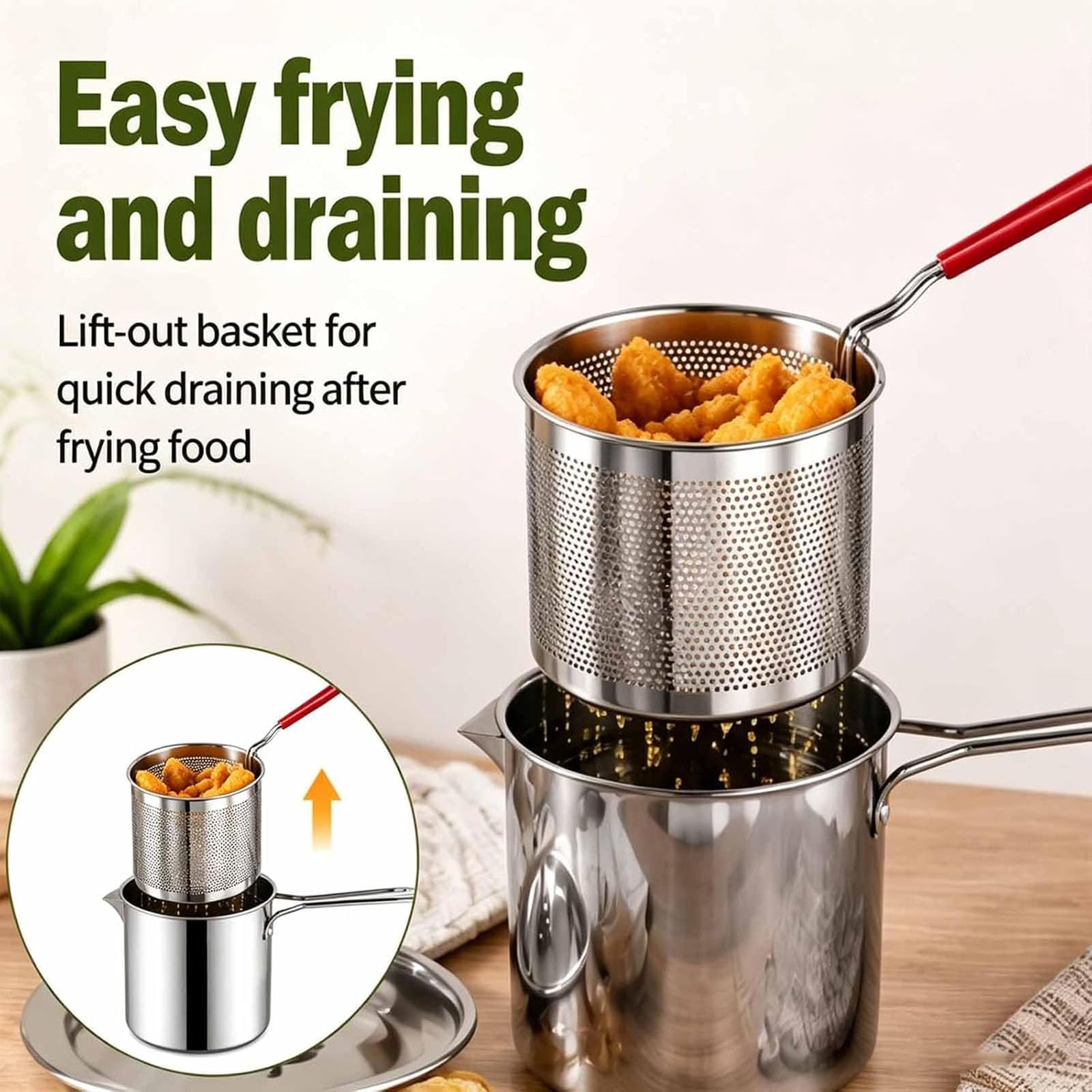 Set Mini Friggitrice Personale – Pentola in Acciaio Inox Con Cestello Scolapiatti Estraibile E Pinze Per Alimenti, Pentola Con Filtro Per L'olio E Cestello Per Friggere (5Pcs)