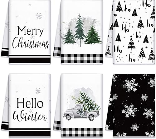 Oudain Juego de 6 toallas de cocina de Navidad, toalla de cocina de Navidad, color negro y blanco, árbol de Navidad, copo de nieve, camión, kit de