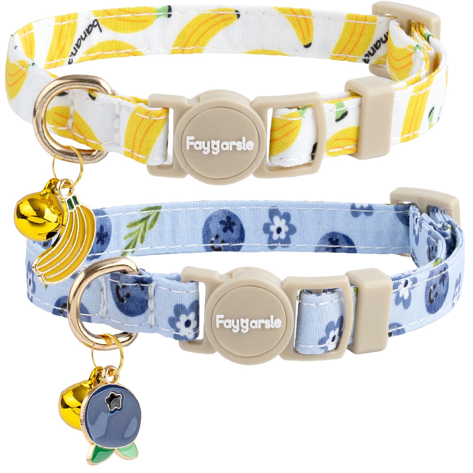 Faygarsle 2 Pack Blueberry Banana Pattern Cat Collars Breakaway Safety Collar with Bell Spring Summer Design for Girl Cats,Yellow Light Blue
