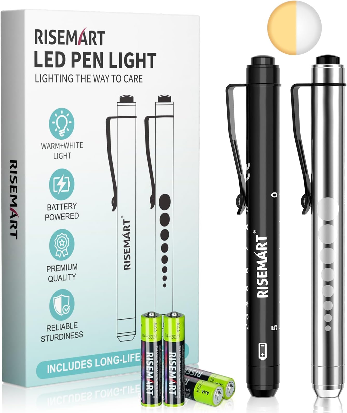 RISEMART Pen Light, Nurse Led Medical Penlight with Pupil Gauge for Nursing Students Doctors Black and Silver with Batteries