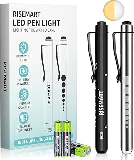 RISEMART Pen Light, Nurse Led Medical Penlight with Pupil Gauge for Nursing Students Doctors Black and Silver with Batteries