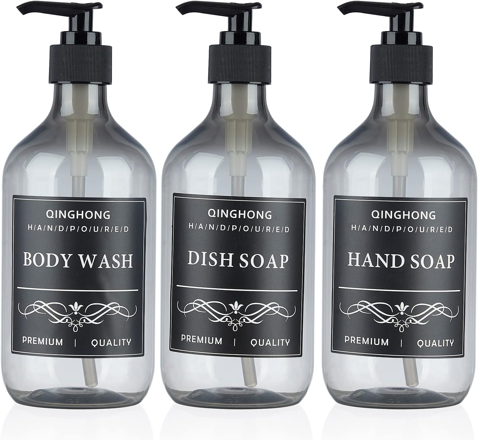 Set of 3 Shampoo and Conditioner Dispenser- Refillable Shampoo Bottles with Pump for Shower -16.9oz Soap Dispenser for Bathroom- 12 Waterproof Labels-Grey