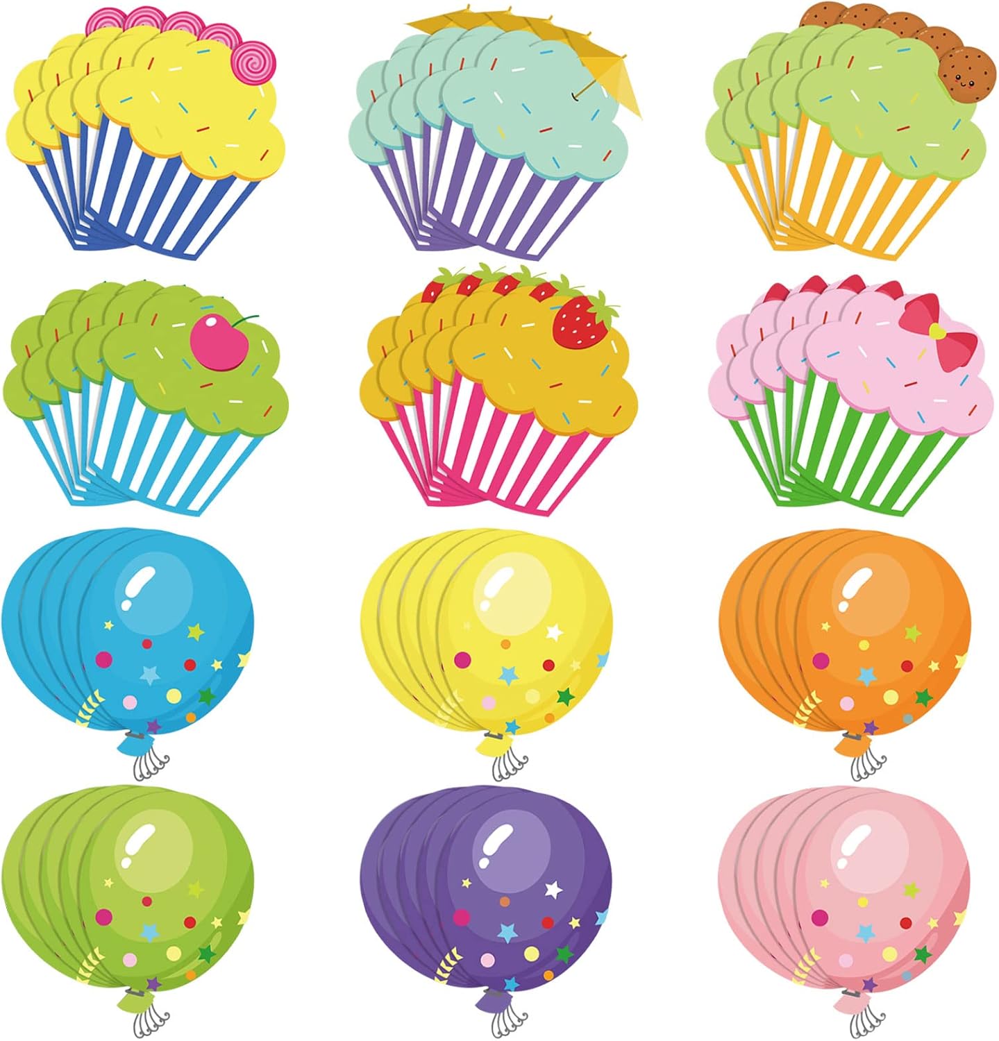 Yexiya 60 Pieces Colorful Cupcake Cutouts for Classroom Happy Birthday Bulletin Board Decorations Cupcakes Balloon Hat Name Tags for Teacher Classroom Back to School Supplies(Cupcake, Balloons)