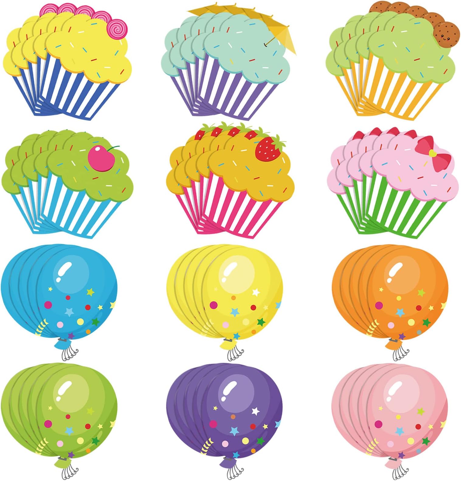 Yexiya 60 Pieces Colorful Cupcake Cutouts Birthday Classroom Bulletin Board Decorations Creative Cupcakes Balloons Cutouts Name Tags for Classroom Door Decorations (Cupcake, Balloons)