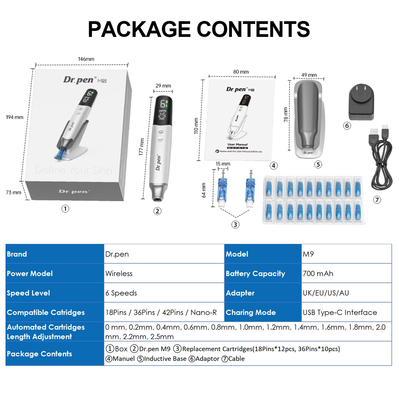 Dr. Pen M9 Penna Microneedling Wireless con 22 Cartucce, Display LED e Regolazione 0–2,5 mm, 6 Velocità, Sistema Cartridge Intelligente per Cura della Pelle