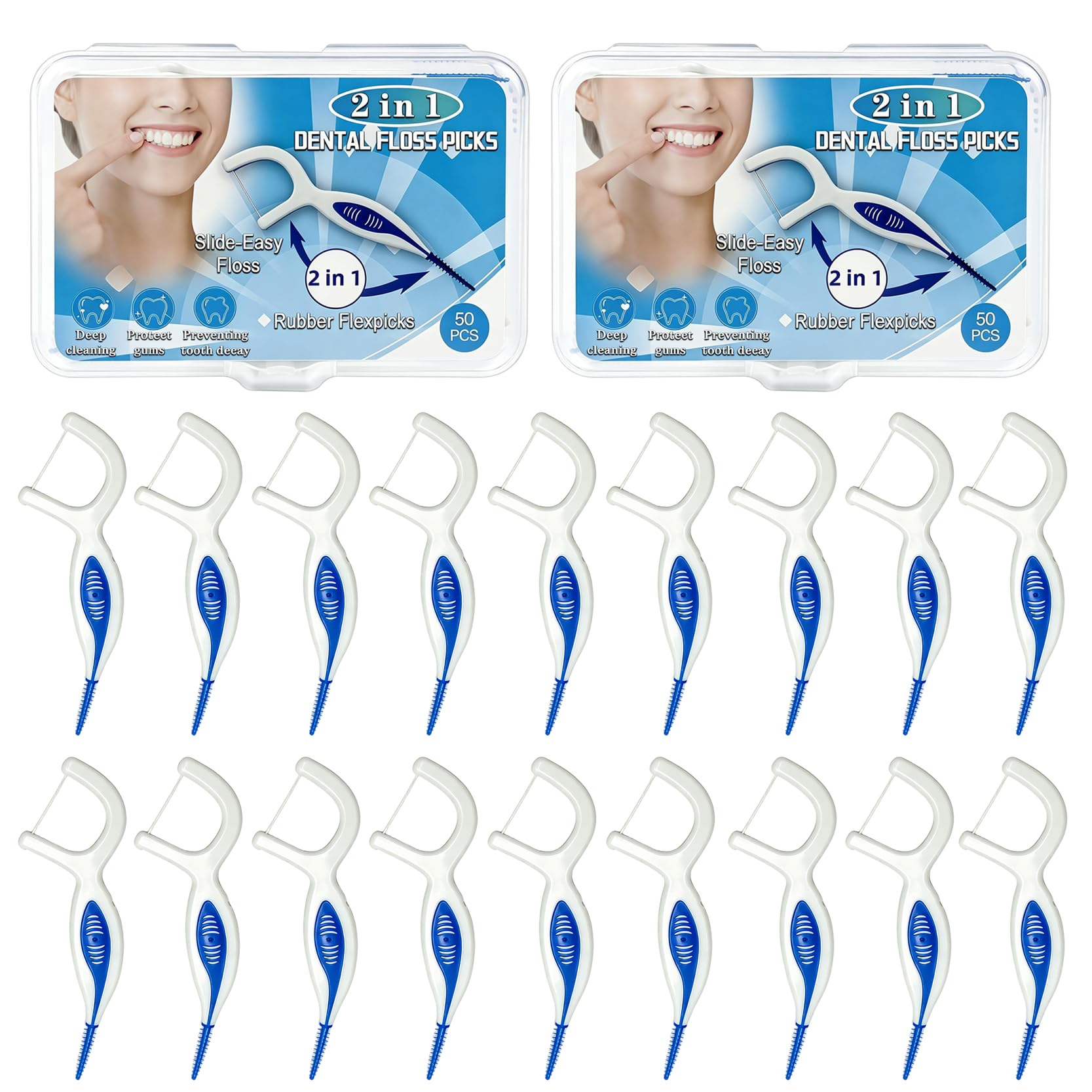 100PCS Dental Floss Picks for Adults with Brush Picks, Mint Flavor, 2-in-1 Interdental Brushes Toothpick for Deep Cleaning, Travel Cases Tooth Picks Flossers for Teeth, Easy Grip