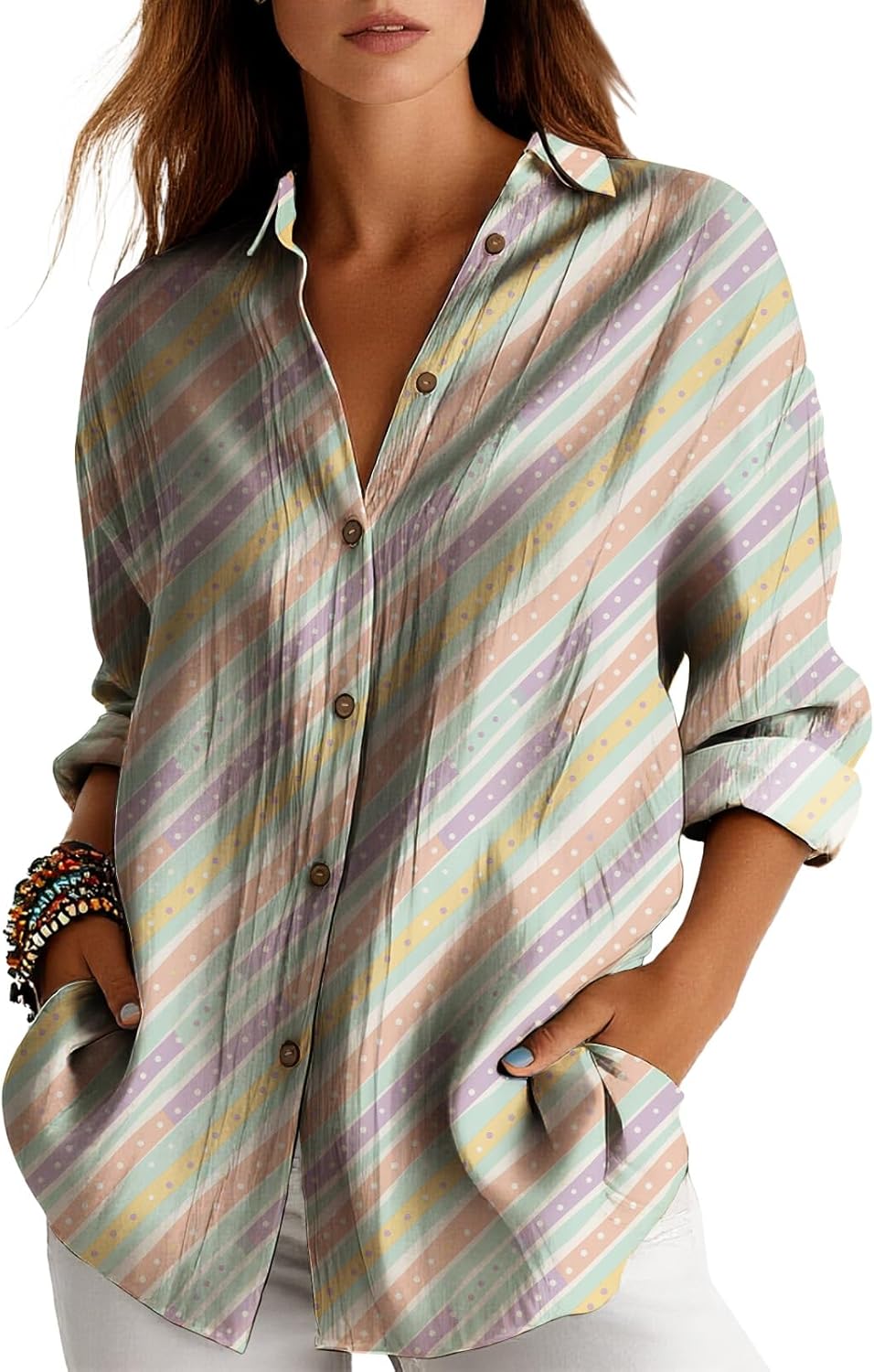 Womens Long Sleeve Button Down Shirt V Neck Collared Blouse Artistic Print Casual Top with Pockets