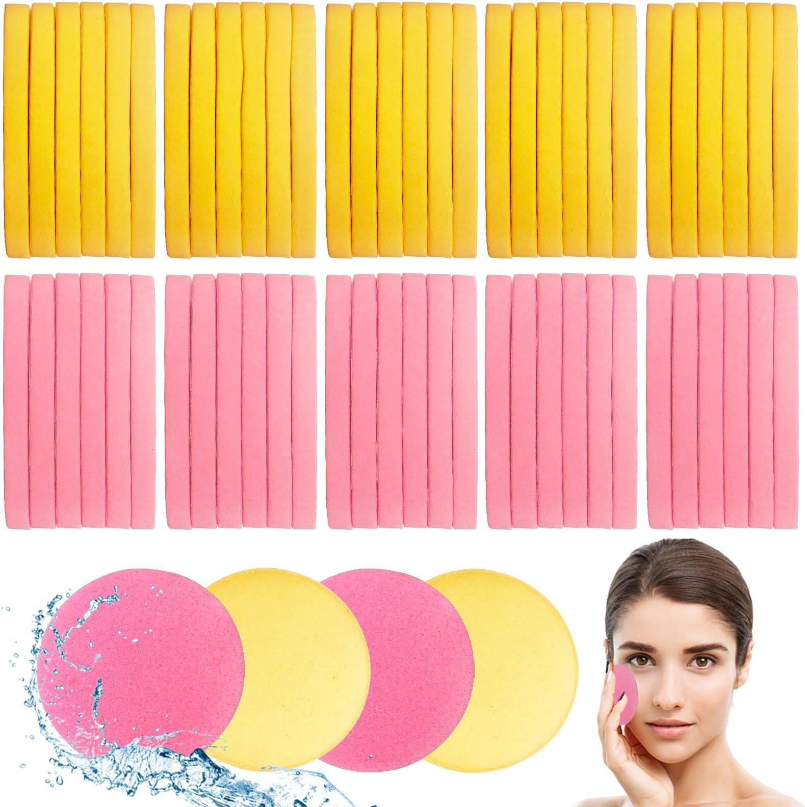 120 Pcs Facial Sponge Compressed,Face Cleansing Sponge Makeup Removal Sponge Pad,Exfoliating Wash Round Sponge for Women,Girls(Pink,Yellow)