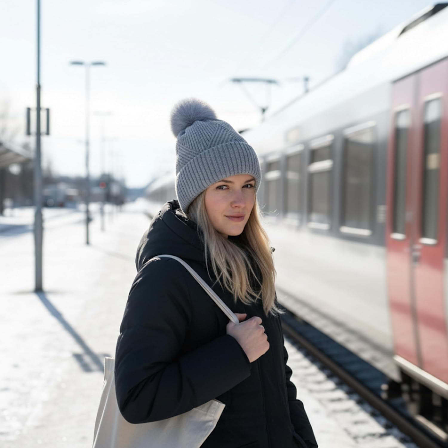 Funky Junque Basics Womens Pom Pom Beanie Winter Hats Cute Diagonal Pattern Fleece Lined Warm Stocking Caps Pompom Toboggan - Image 5