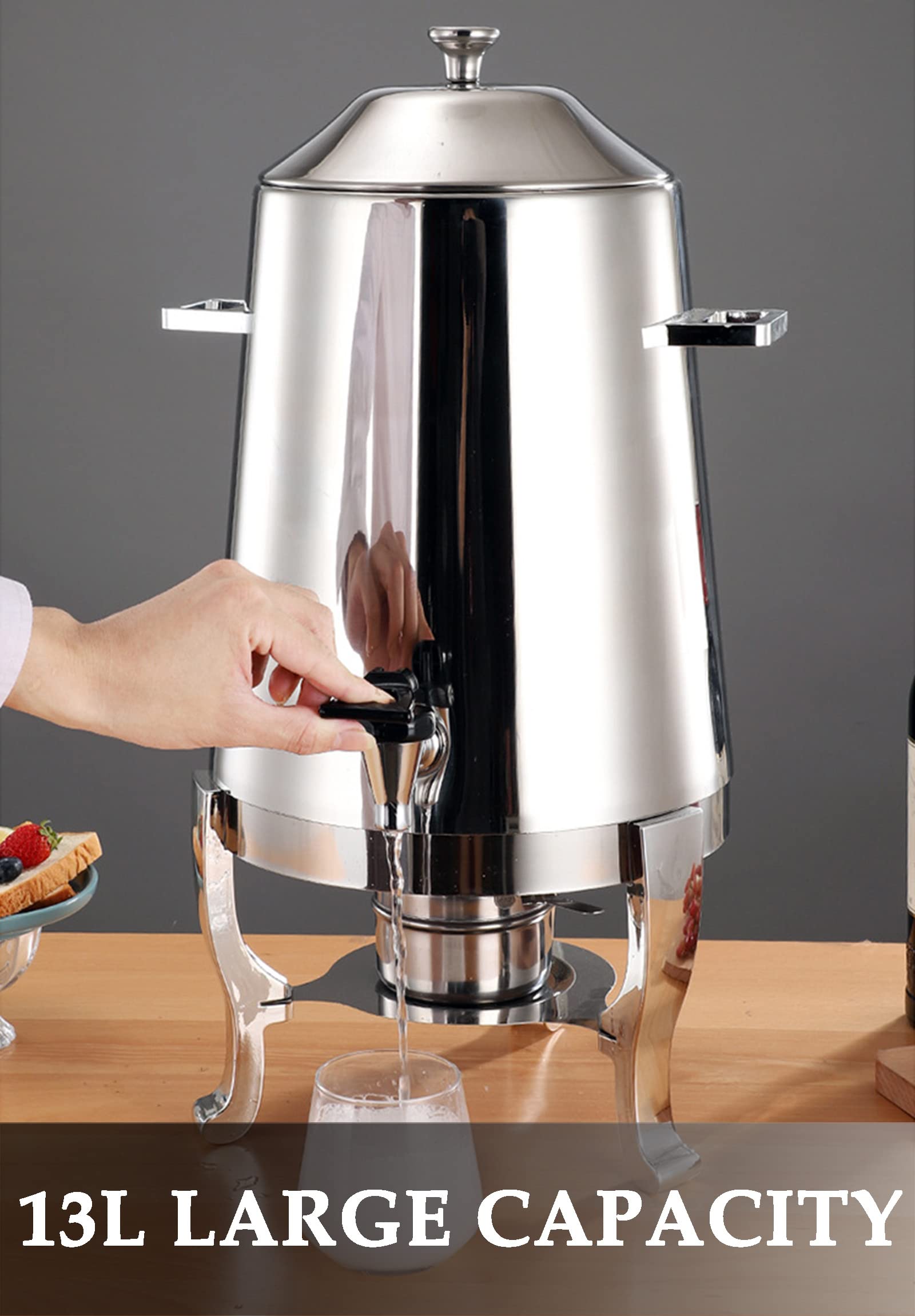 Chafer Urna in acciaio inox, 13 l, dispenser per bevande calde con mini bruciatore per buffet e ristoranti, finitura cromata, contenitore per bevande calde, 3,5 galloni