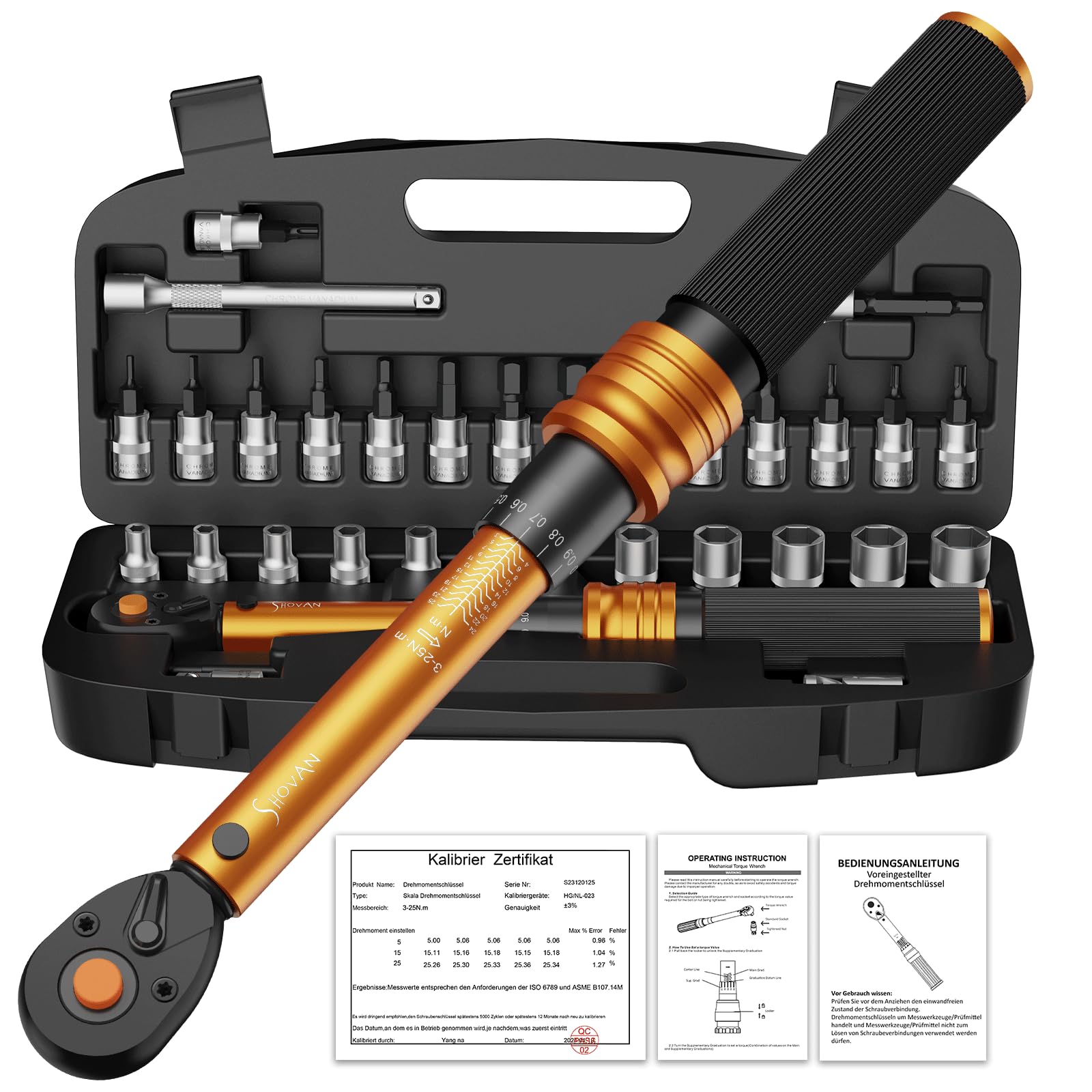 Torque Wrench Bicycle 1/4 Inch, 1-25 Nm, ±3% Error Accuracy, 72 Teeth Ratchet, 33-Piece Torque Wrench Set for Motorcycle and Bike, Includes Extension Rods, 1/4 - 3/8 Inch Adapter, Sockets