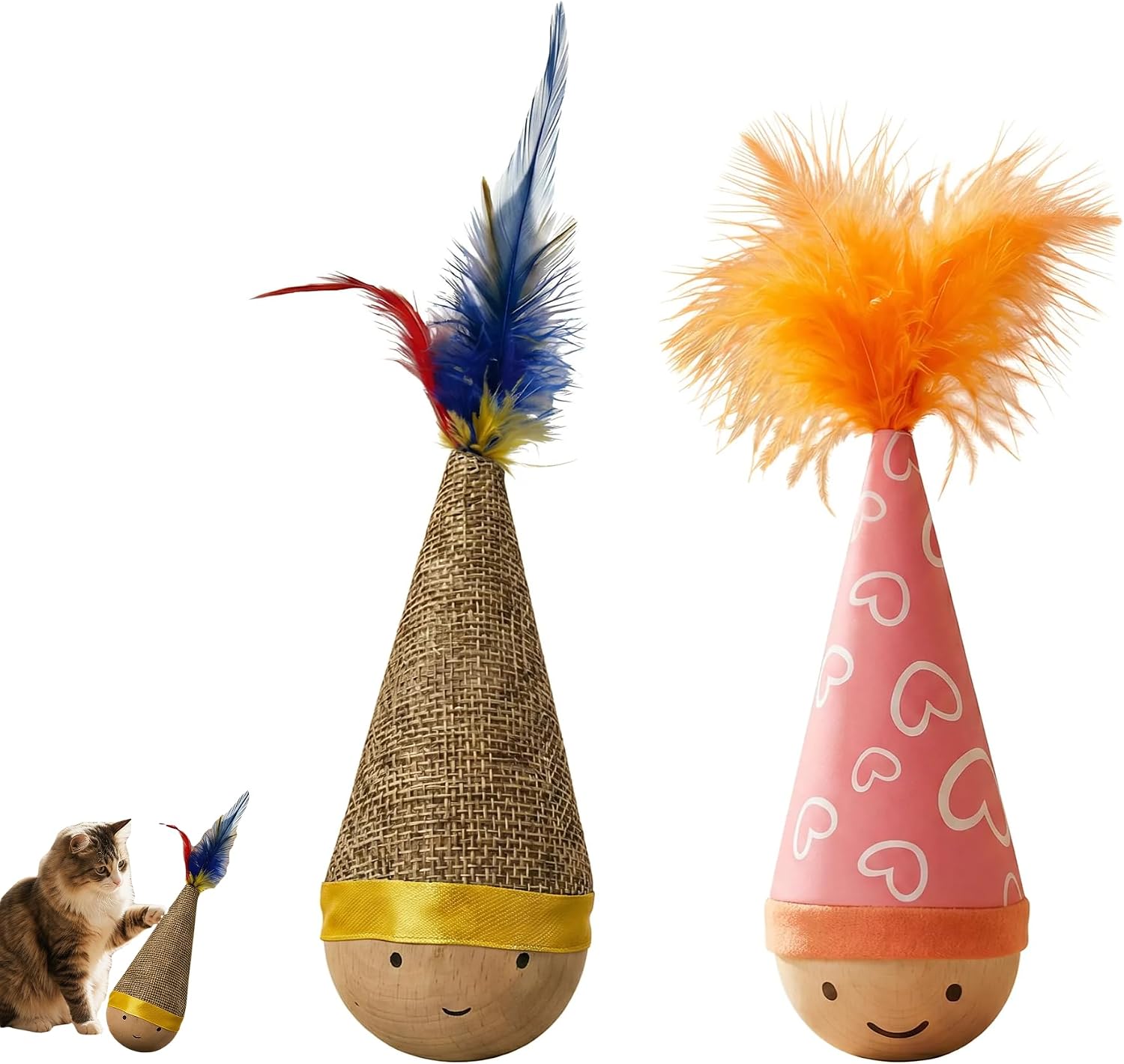 Wooden Wobble Cat Toy, 7in Self-Righting Tumbler for Indoor Cats, 2-Pack | Natural Beechwood Base, Heart & Solid Plush, Silent Battery-Free Wobble, Seamless One-Piece Design, Home Decor Set