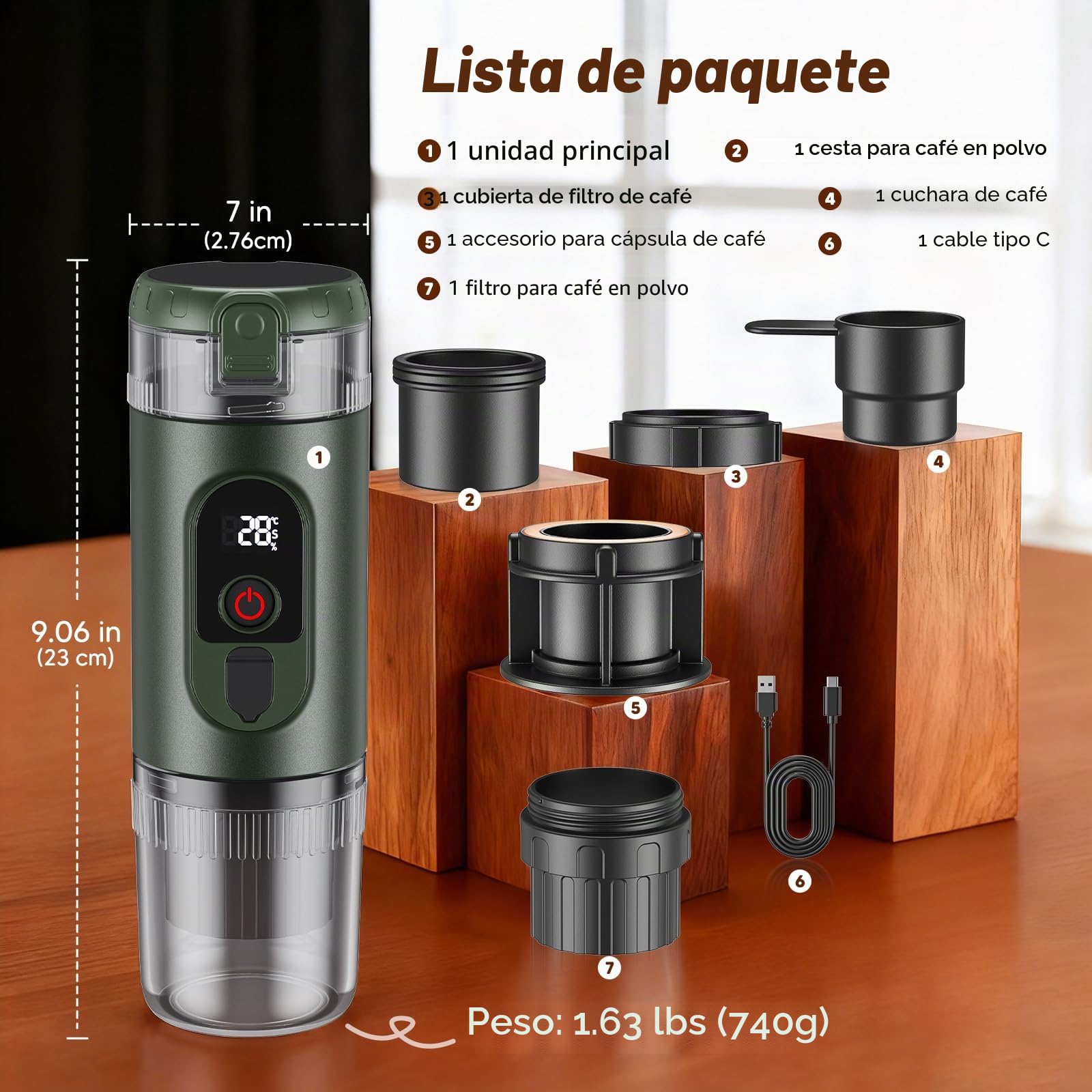 Cafetera portátil 2 en 1 con batería de 7650 mAh, 20 bar de presión, extracción en frío/calor, para cápsulas y café molido, portátil para oficina, viajes y camping (verde)