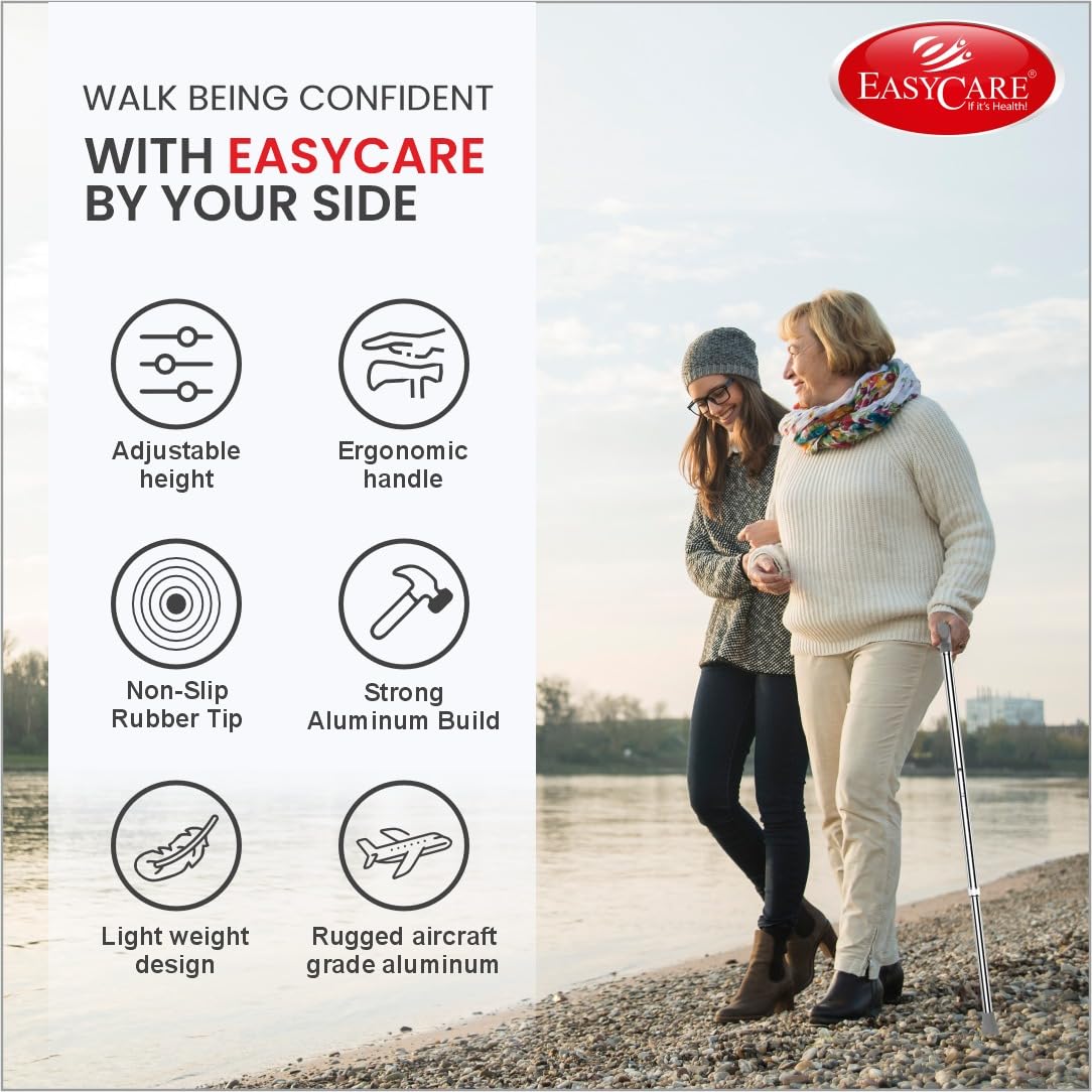 EASYCARE® Walking Stick | Lightweight Aluminium with 10 Height Levels Adjustable | Ergonomic Handle, Anti-Slip Base | Support for Old Age Seniors, Men, Women & Patients (Single Leg) - Image 6 thumbnail