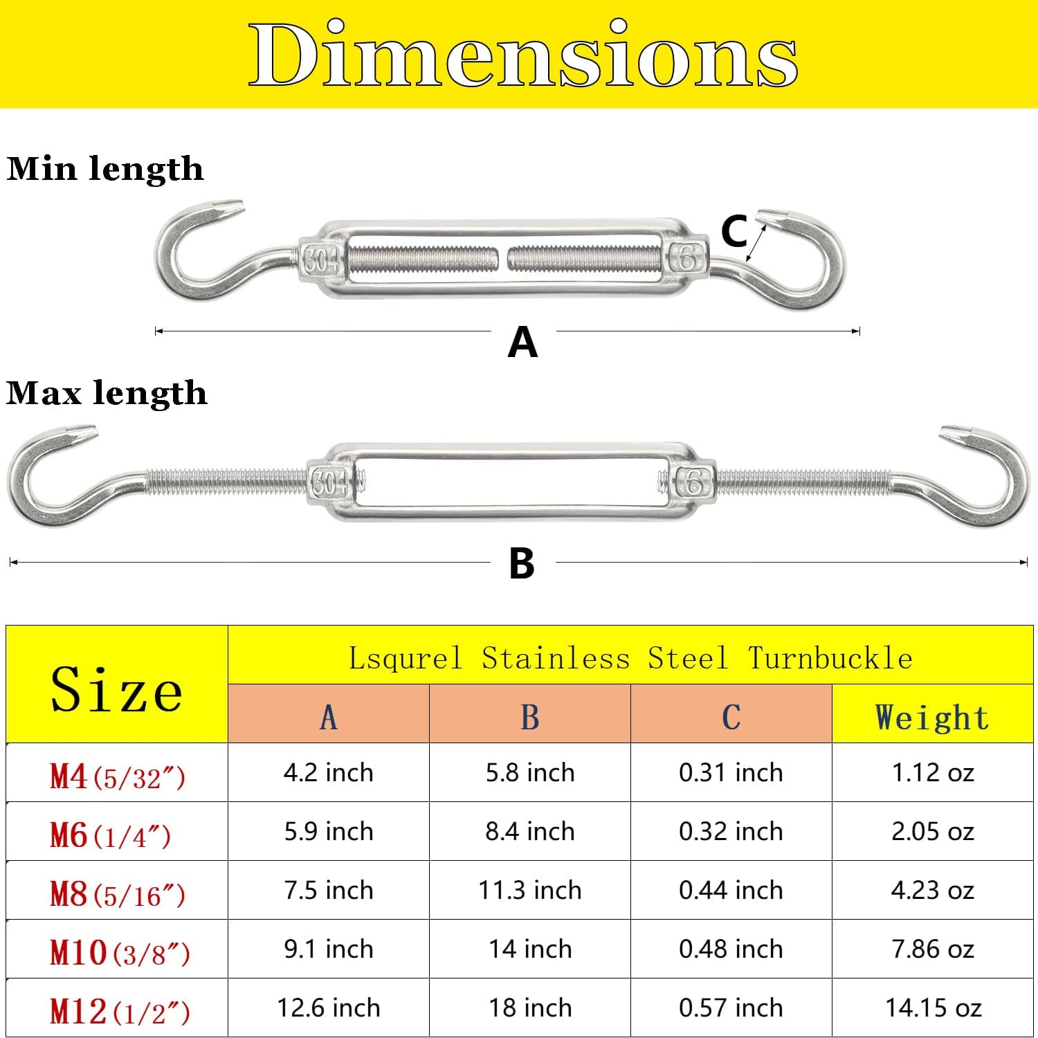 Lot de 10 tendeurs en acier inoxydable 304 avec crochet et crochet - Tendeur robuste réglable pour serrer les câbles métalliques de 1,6 cm - 1,5 cm - 1,9 cm - 1,9 cm