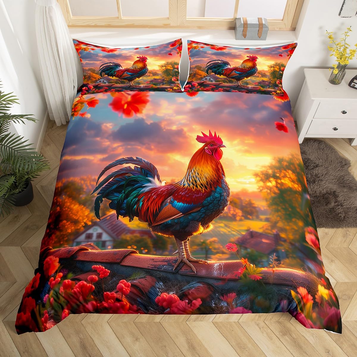 Big Cock Duvet Cover Single Rustic Farmhouse Bedding Sets 2 Piece Farm Style Chicken Print Comforter Cover Garden Themed Floral Decor Duvet Insert Sunset Landscape Bedding for Boys Girls Teens