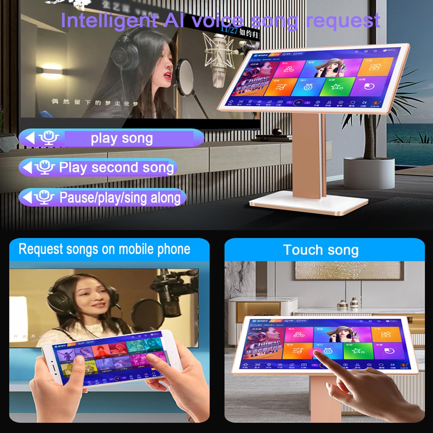 Macchina per karaoke professionale, con visualizzazione dei testi, display 4K HD da 19,5", con 2 microfoni wireless e 2 altoparlanti, richiesta di brani vocali intelligenti AI e 27 lingue